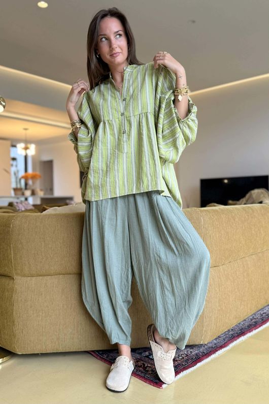 Padstow Stripe Smock Blouse Olive /30 Pre order 4 days 