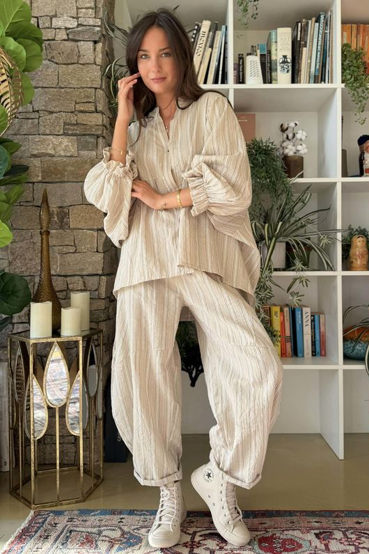 Padstow Stripe Smock Blouse Stone