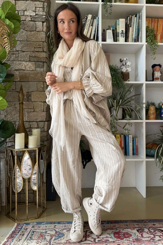 Padstow Stripe Smock Blouse Stone