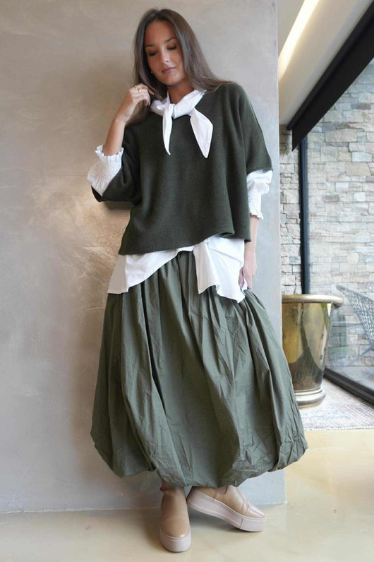 Paloma Bubble Hem Midi Skirt Khaki