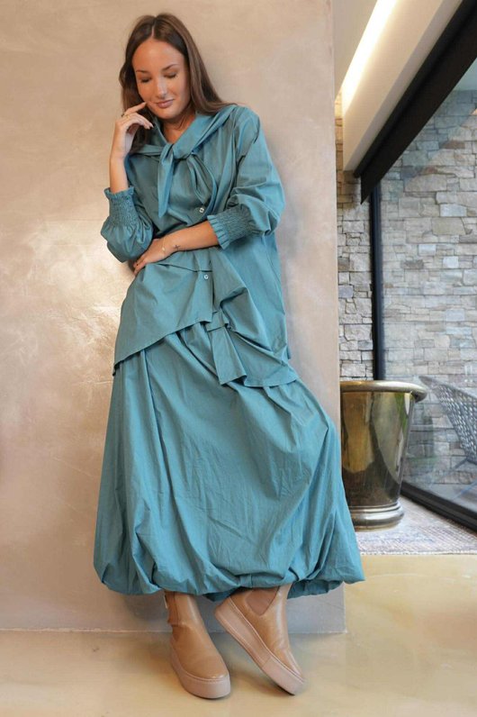 Paloma Bubble Hem Midi Skirt Teal Blue