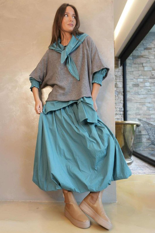 Paloma Bubble Hem Midi Skirt Teal Blue