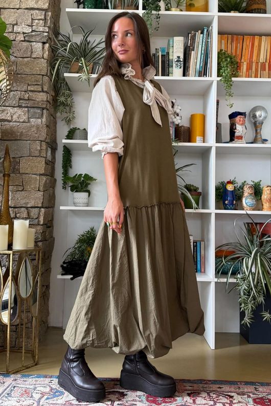 Paloma Tela Bubble Dress Deep Olive