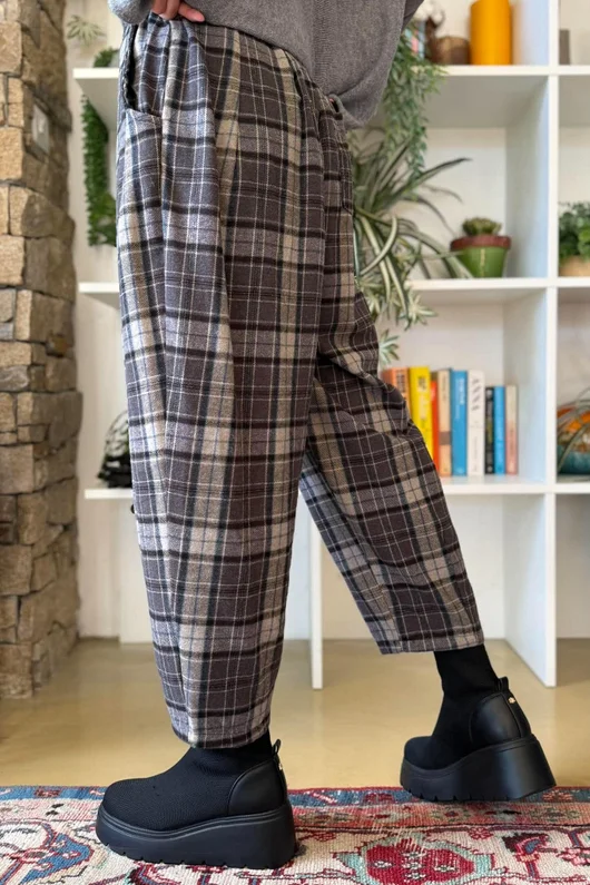 Patrick Plaid Brushed Cotton Carrot Leg Trouser Grey