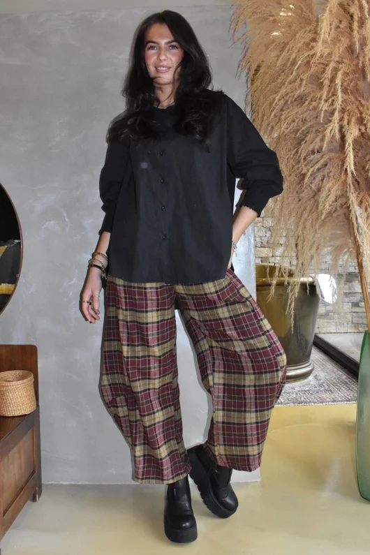 Patrick Plaid Brushed Cotton 7/8 Barrel Pant Burgundy & Mucky Mustard
