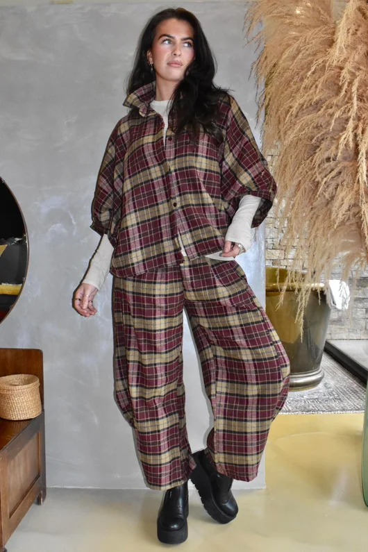 Patrick Plaid Brushed Cotton 7/8 Barrel Pant Burgundy & Mucky Mustard