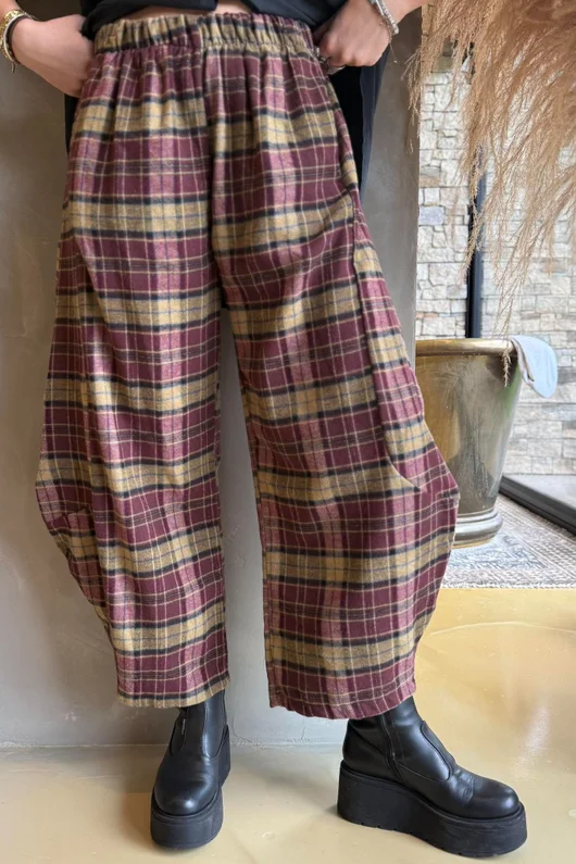Patrick Plaid Brushed Cotton 7/8 Barrel Pant Burgundy & Mucky Mustard