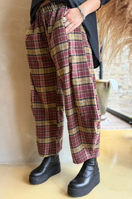 Patrick Plaid Brushed Cotton 7/8 Barrel Pant Burgundy & Mucky Mustard