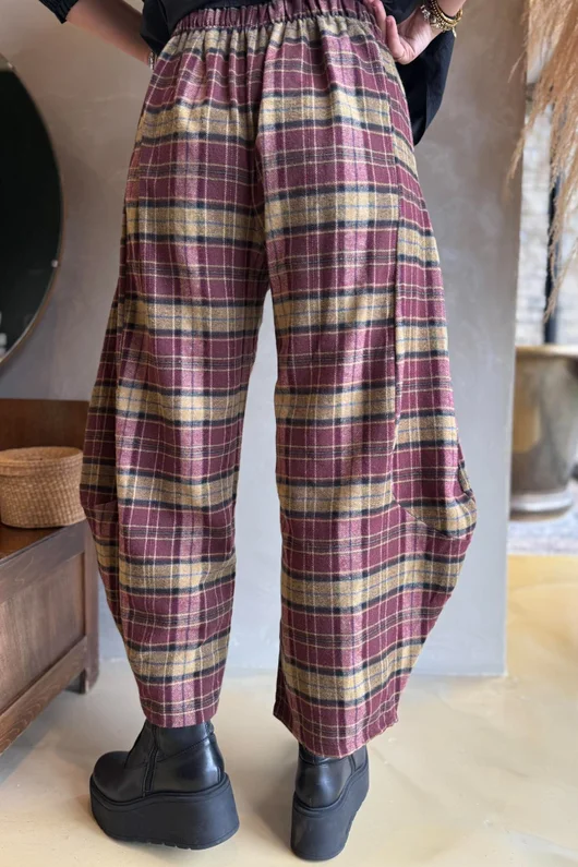 Patrick Plaid Brushed Cotton 7/8 Barrel Pant Burgundy & Mucky Mustard