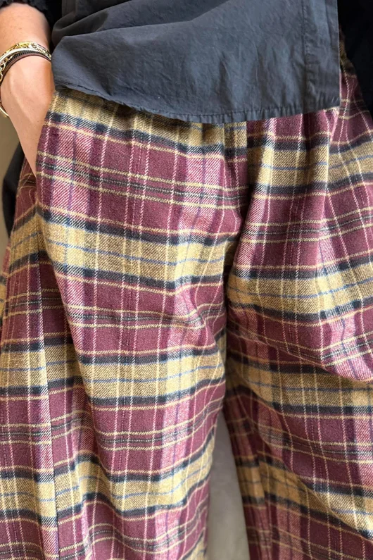 Patrick Plaid Brushed Cotton 7/8 Barrel Pant Burgundy & Mucky Mustard