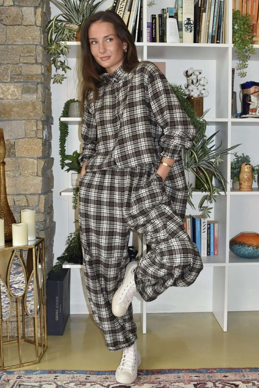 Patrick Plaid Brushed Cotton Barrel Pant Earth