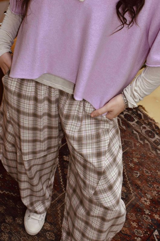 Patrick Plaid Brushed Cotton Barrel Pant Mocha Blush