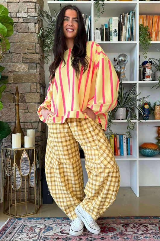 Patrick Plaid Brushed Cotton Barrel Pant Soft Ochre