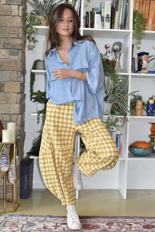 Patrick Plaid Brushed Cotton Barrel Pant Soft Ochre