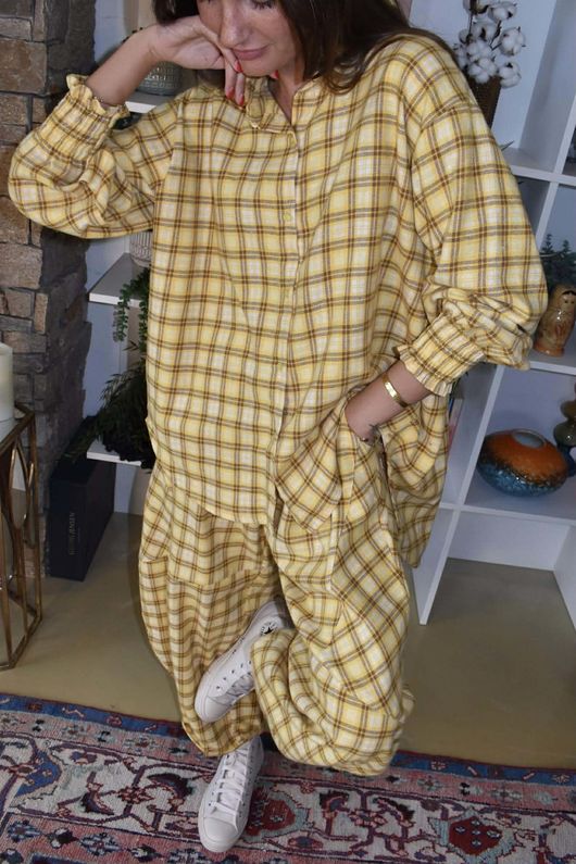 Patrick Plaid Brushed Cotton Barrel Pant Soft Ochre