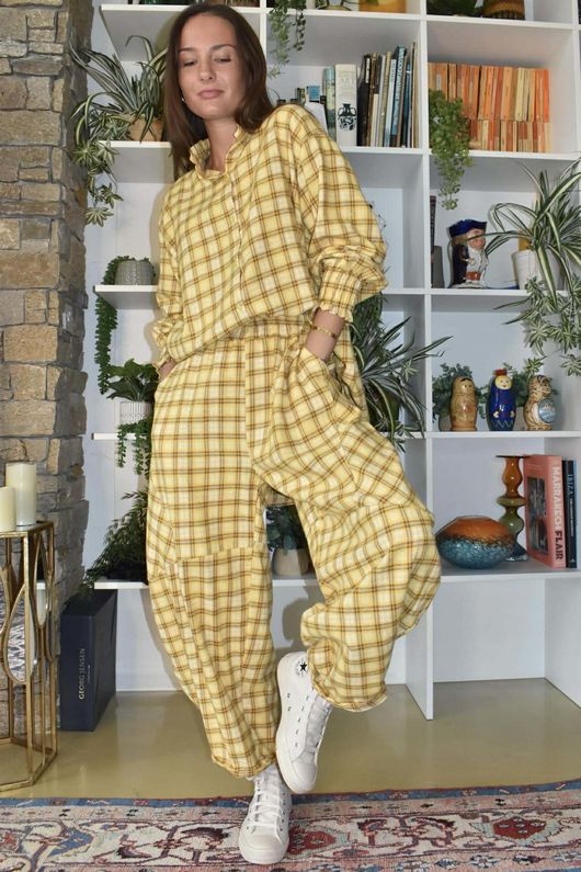 Patrick Plaid Brushed Cotton Barrel Pant Soft Ochre