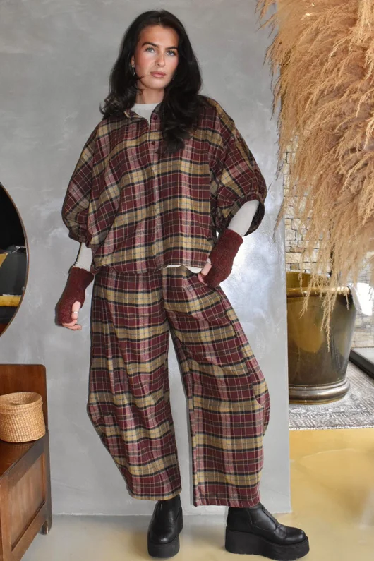 Patrick Plaid Brushed Cotton Blouse Burgundy & Mucky Olive