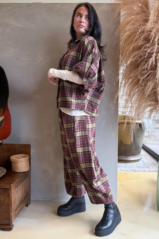 Patrick Plaid Brushed Cotton Blouse Burgundy & Mucky Olive
