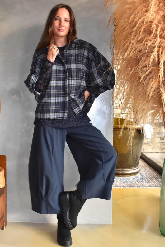 Patrick Plaid Brushed Cotton Blouse Navy