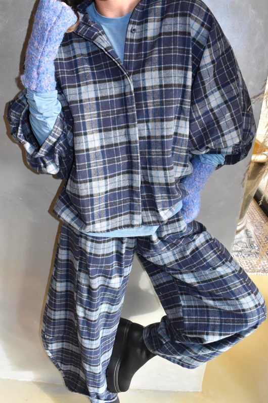 Patrick Plaid Brushed Cotton Blouse Navy