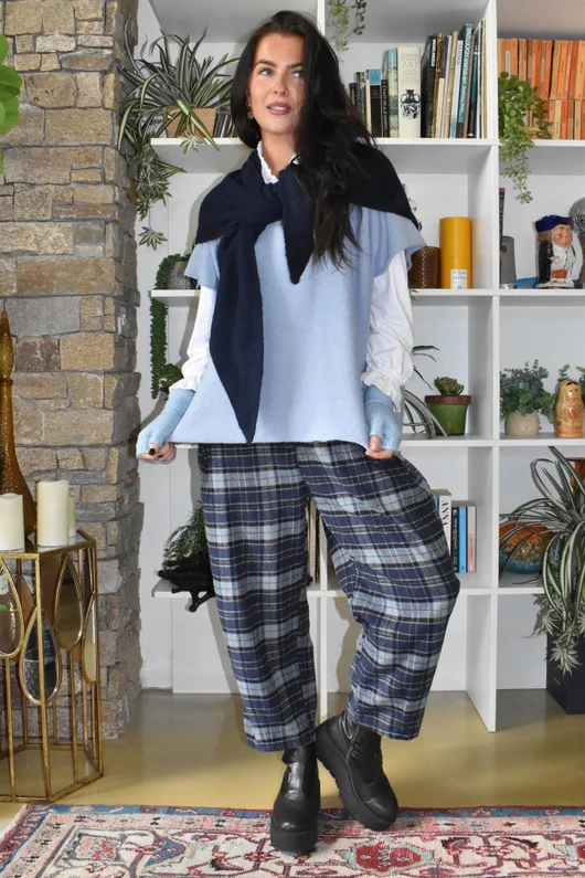 Patrick Plaid Brushed Cotton Carrot Leg Trouser Navy