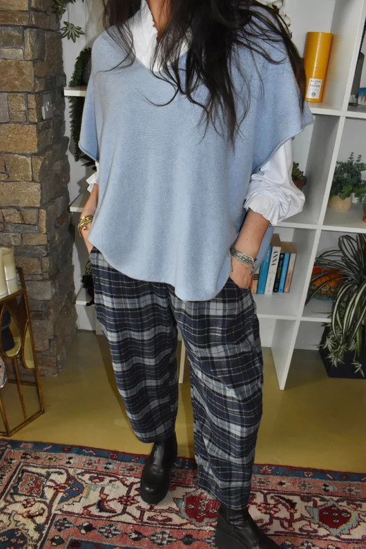 Patrick Plaid Brushed Cotton Carrot Leg Trouser Navy