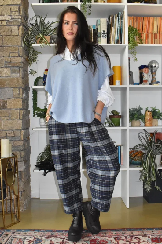 Patrick Plaid Brushed Cotton Carrot Leg Trouser Navy