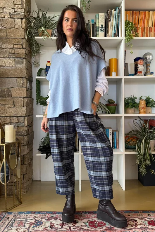 Patrick Plaid Brushed Cotton Carrot Leg Trouser Navy