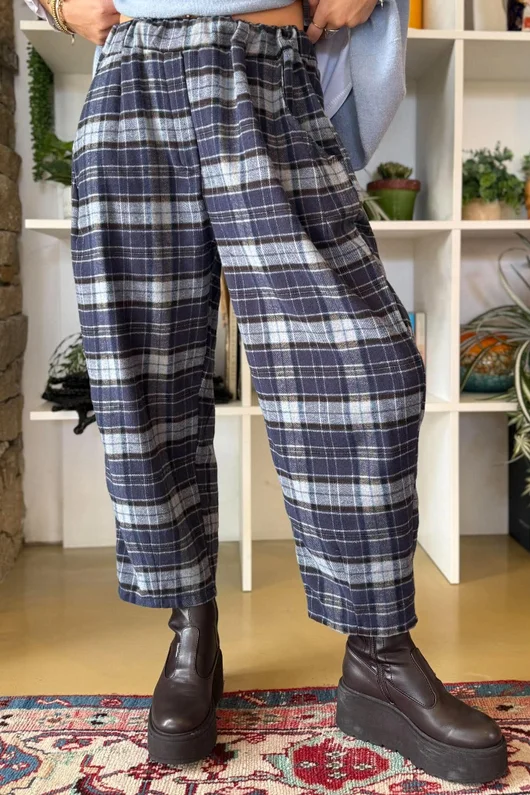 Patrick Plaid Brushed Cotton Carrot Leg Trouser Navy