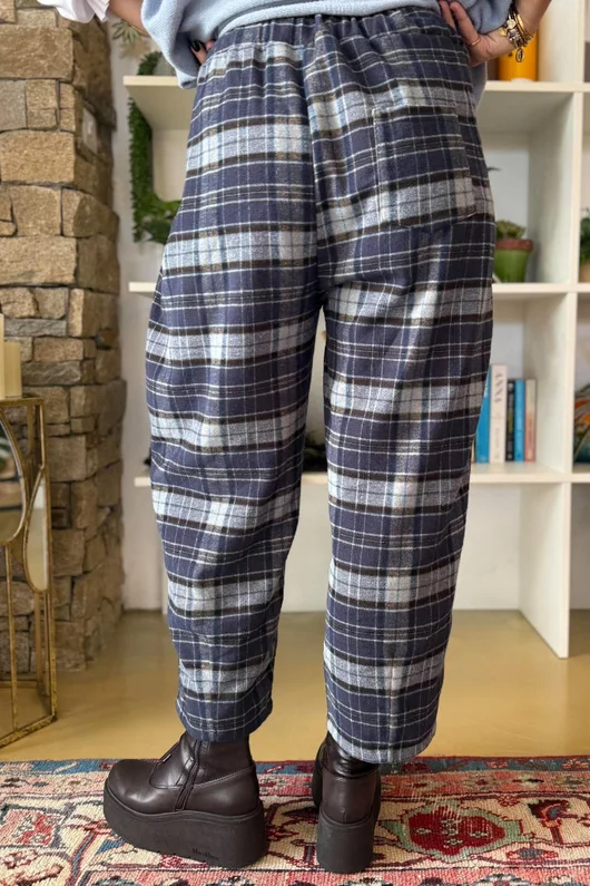 Patrick Plaid Brushed Cotton Carrot Leg Trouser Navy
