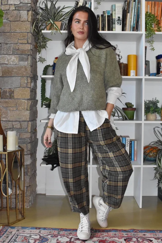 Patrick Plaid Brushed Cotton Carrot Leg Trouser Olive