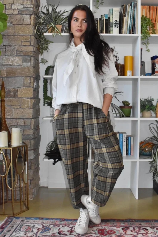 Patrick Plaid Brushed Cotton Carrot Leg Trouser Olive