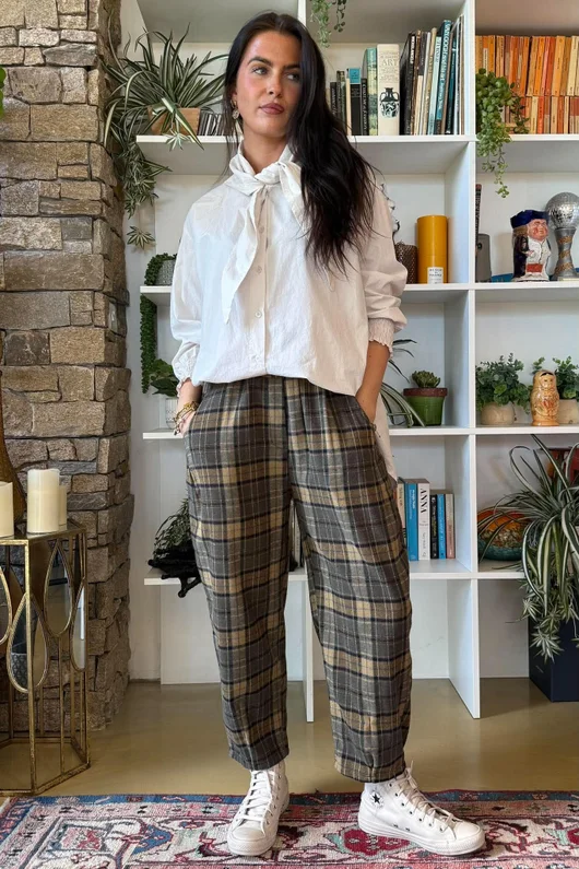Patrick Plaid Brushed Cotton Carrot Leg Trouser Olive