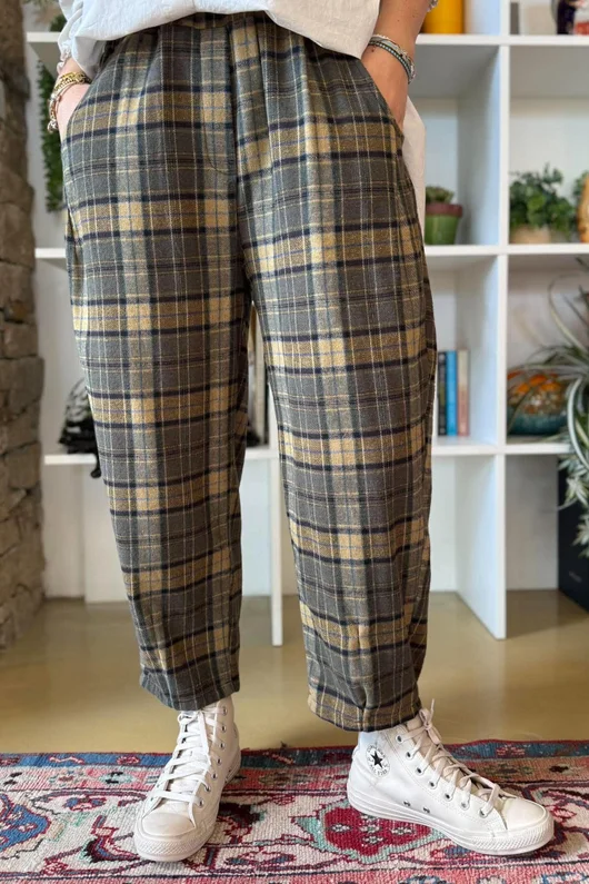 Patrick Plaid Brushed Cotton Carrot Leg Trouser Olive