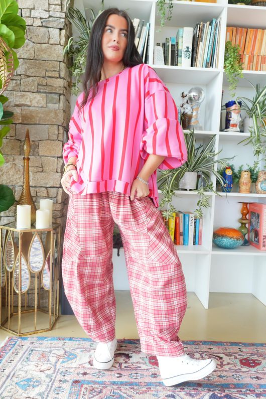 Patrick Plaid Brushed Cotton Barrel Pant Soft Red