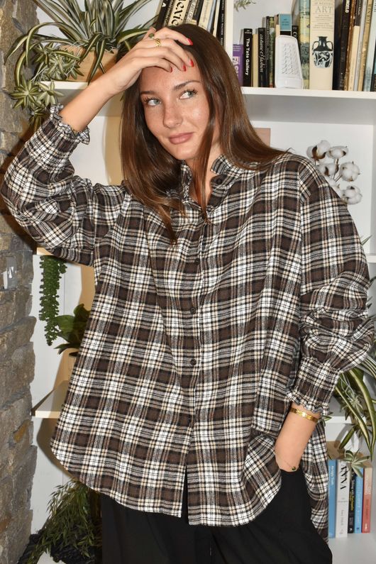 Patrick Plaid Brushed Cotton Edwardian Blouse Earth