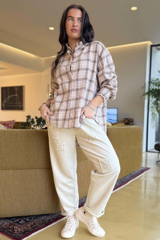 Patrick Plaid Brushed Cotton Edwardian Blouse Mocha Blush