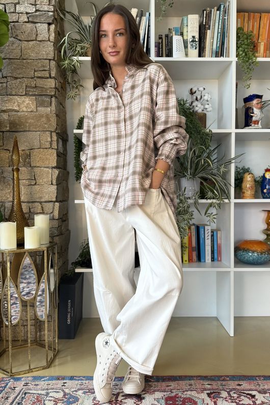 Patrick Plaid Brushed Cotton Edwardian Blouse Mocha Blush