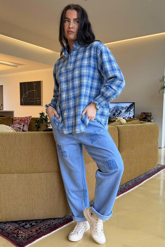 Patrick Plaid Brushed Cotton Edwardian Blouse Soft Cobalt