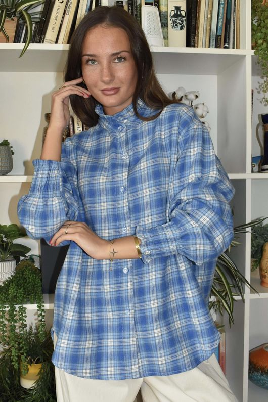 Patrick Plaid Brushed Cotton Edwardian Blouse Soft Cobalt