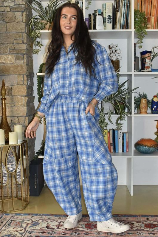 Patrick Plaid Brushed Cotton Edwardian Blouse Soft Cobalt