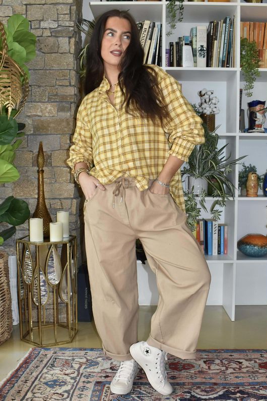 Patrick Plaid Brushed Cotton Edwardian Blouse Soft Ochre