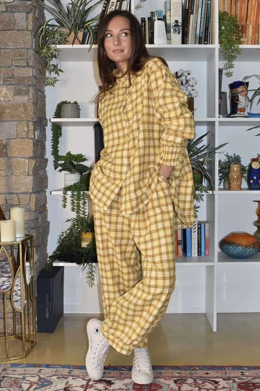 Patrick Plaid Brushed Cotton Edwardian Blouse Soft Ochre