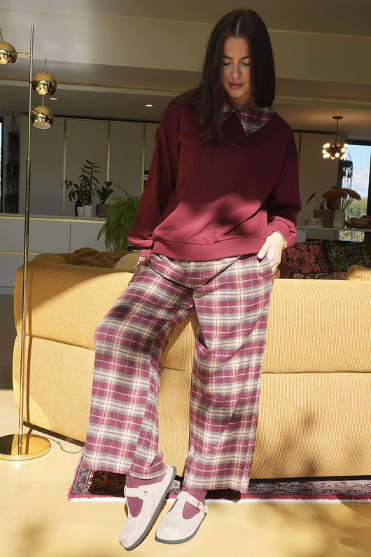 Patrick Plaid Brushed Cotton Kick Pant Burgundy