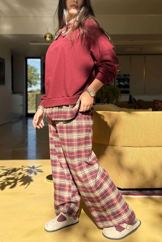 Patrick Plaid Brushed Cotton Kick Pant Burgundy