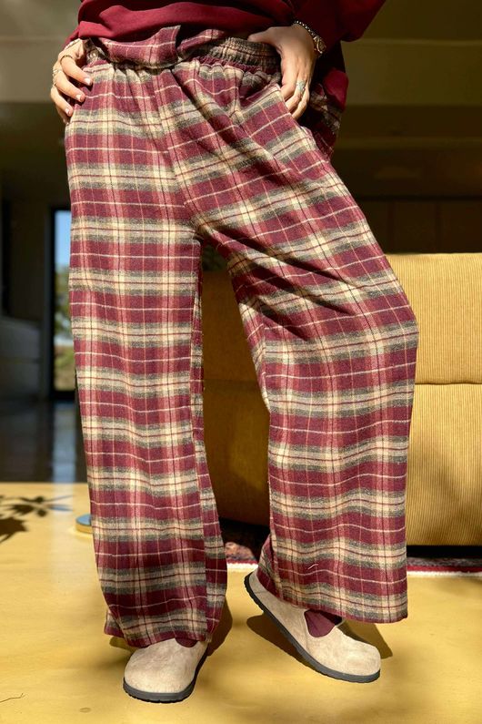 Patrick Plaid Brushed Cotton Kick Pant Burgundy