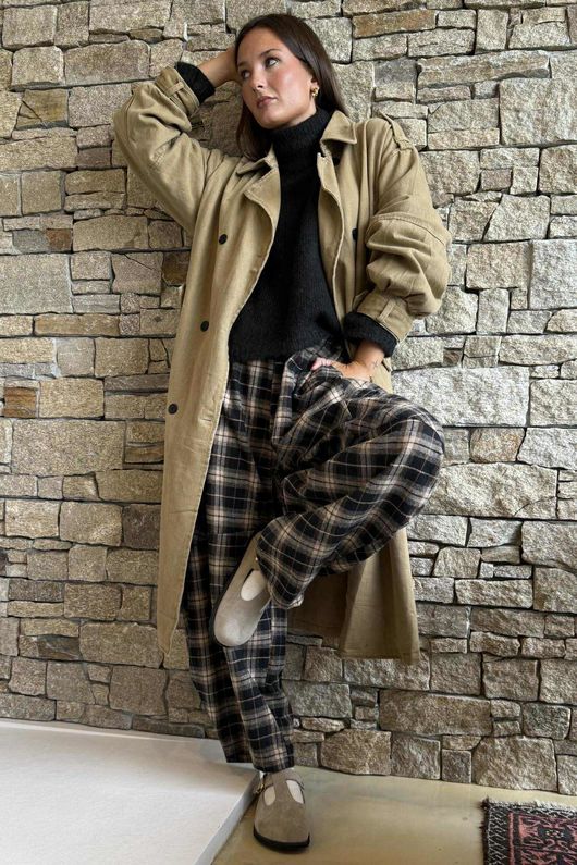 Patrick Plaid Brushed Cotton Barrel Pant Black /100 pre order 2 weeks 