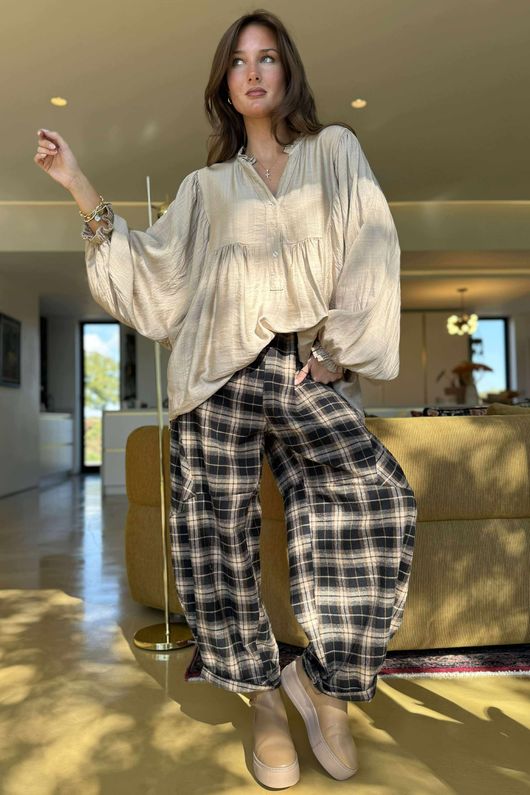 Patrick Plaid Brushed Cotton Barrel Pant Black