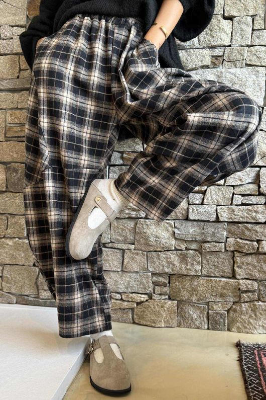 Patrick Plaid Brushed Cotton Barrel Pant Black