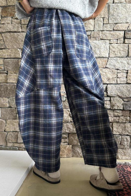 Patrick Plaid Brushed Cotton Barrel Pant Blue